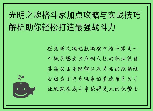 光明之魂格斗家加点攻略与实战技巧解析助你轻松打造最强战斗力